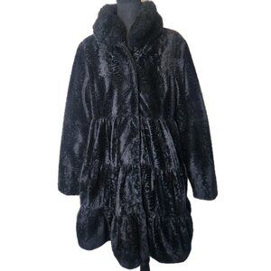 Dennis Basso Faux Fur Coat L Black Crushed Velvet Tiered Long Overcoat Witchy
